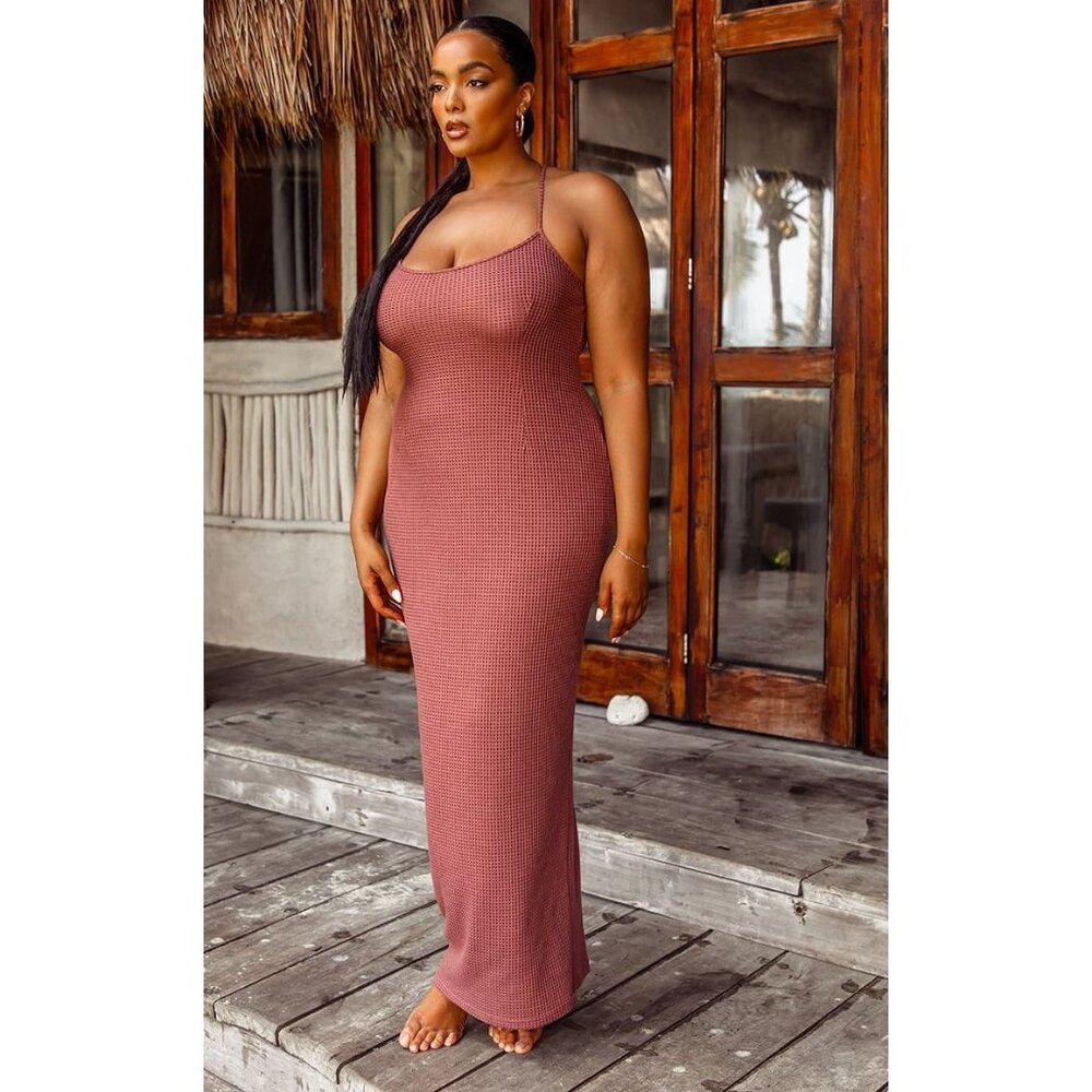 NWT Pretty Little Thing 16 Mauve Waffle Knit Maxi Dress Sleeveless Polyester - Picture 2 of 15